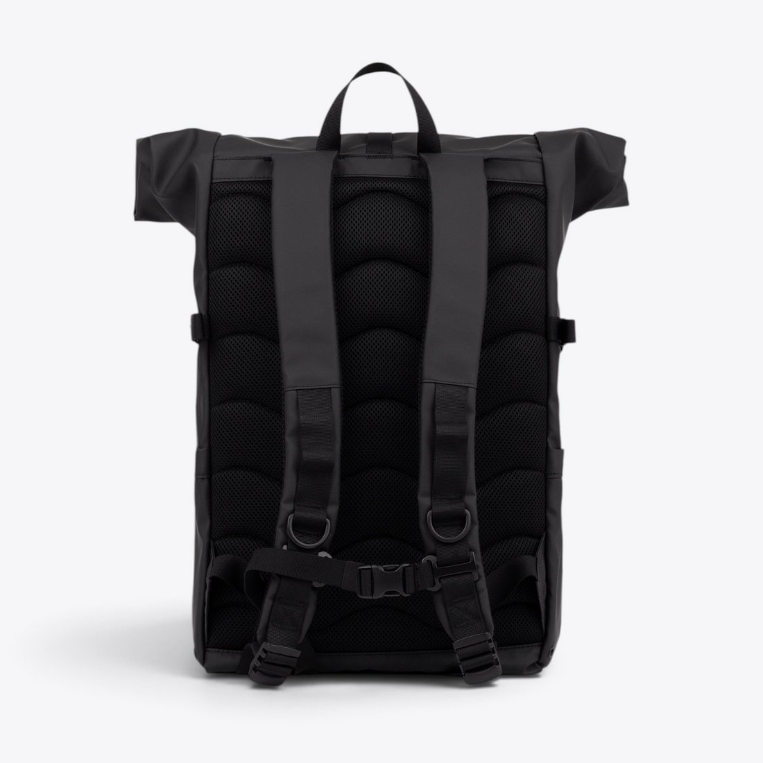 Sandqvist STREAM Rolltop Backpack L noir — vue arrière avec dos rembourré, bretelles et sangle de poitrine.