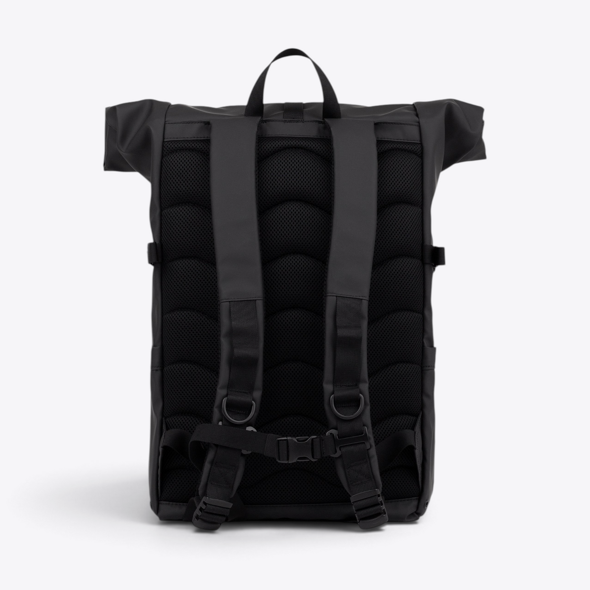 Sandqvist STREAM Rolltop Backpack L noir — vue arrière avec dos rembourré, bretelles et sangle de poitrine.