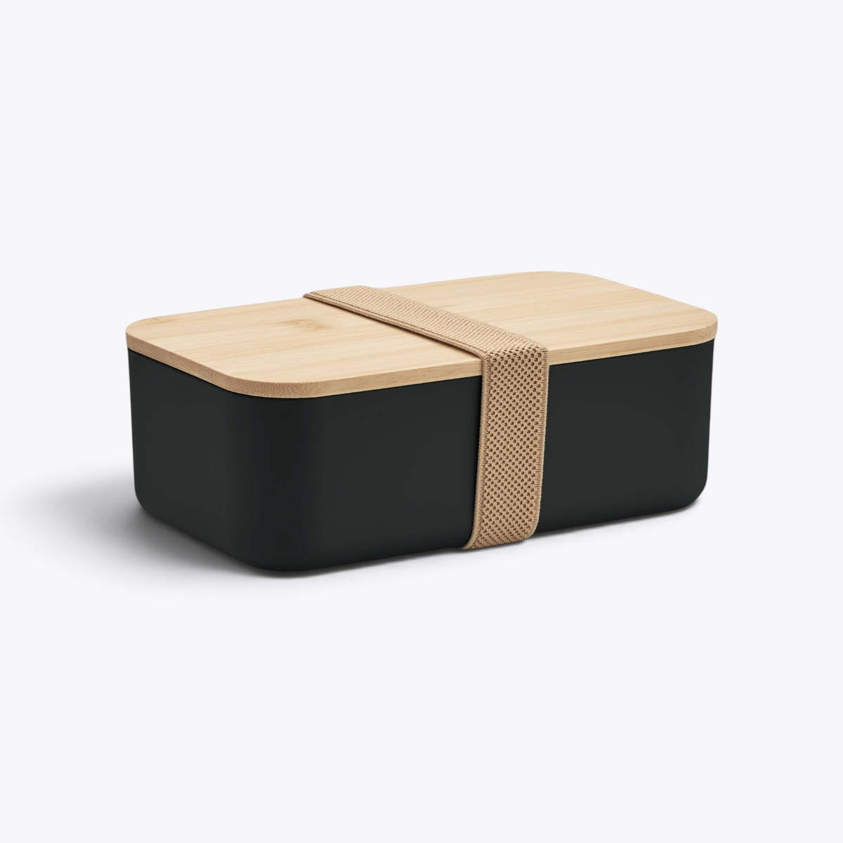 Lunchbox noire avec couvercle en bambou, vue trois quarts