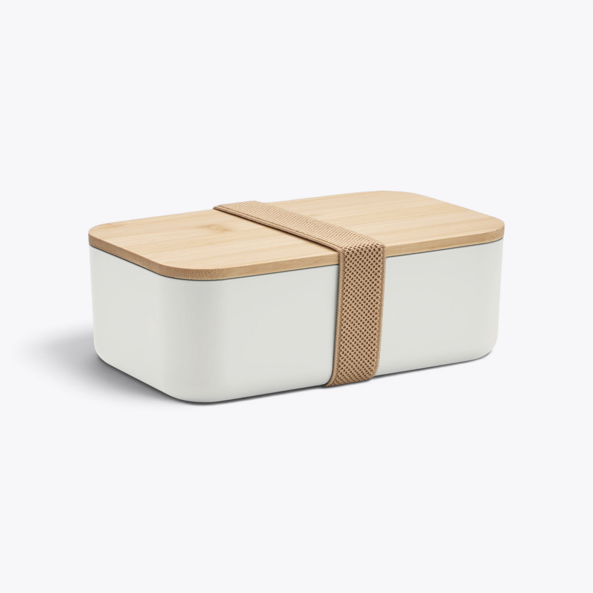 Lunchbox blanche avec couvercle en bambou, vue trois quarts