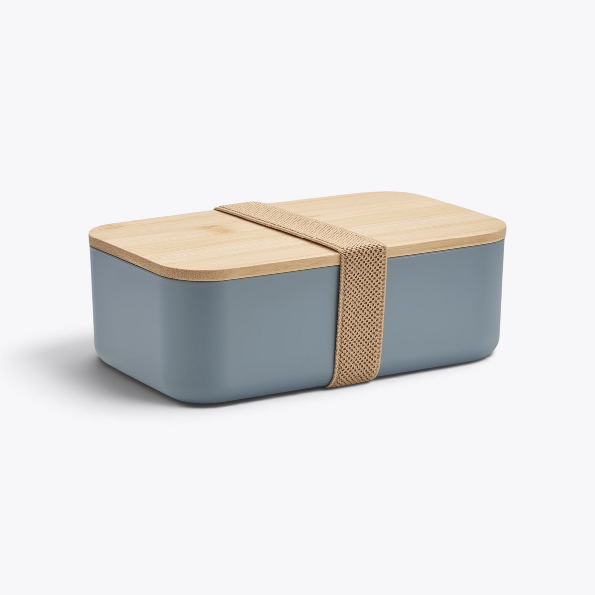Lunchbox bleue avec couvercle en bambou, vue trois quarts