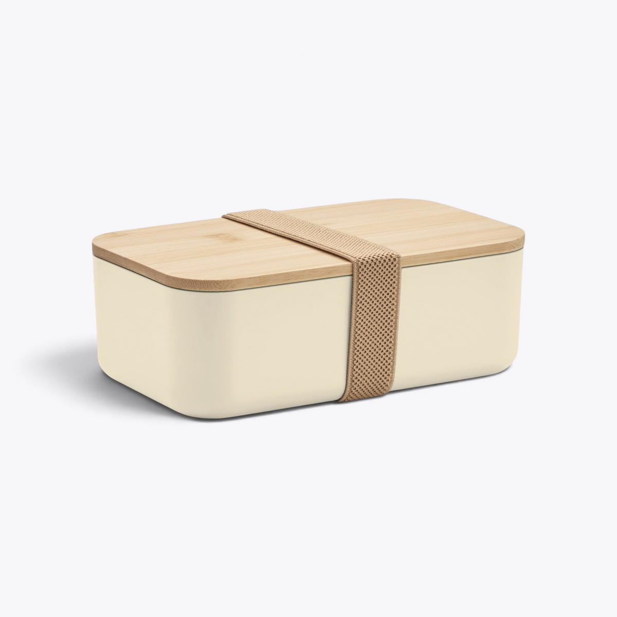 Lunchbox beige avec couvercle en bambou, vue trois quarts