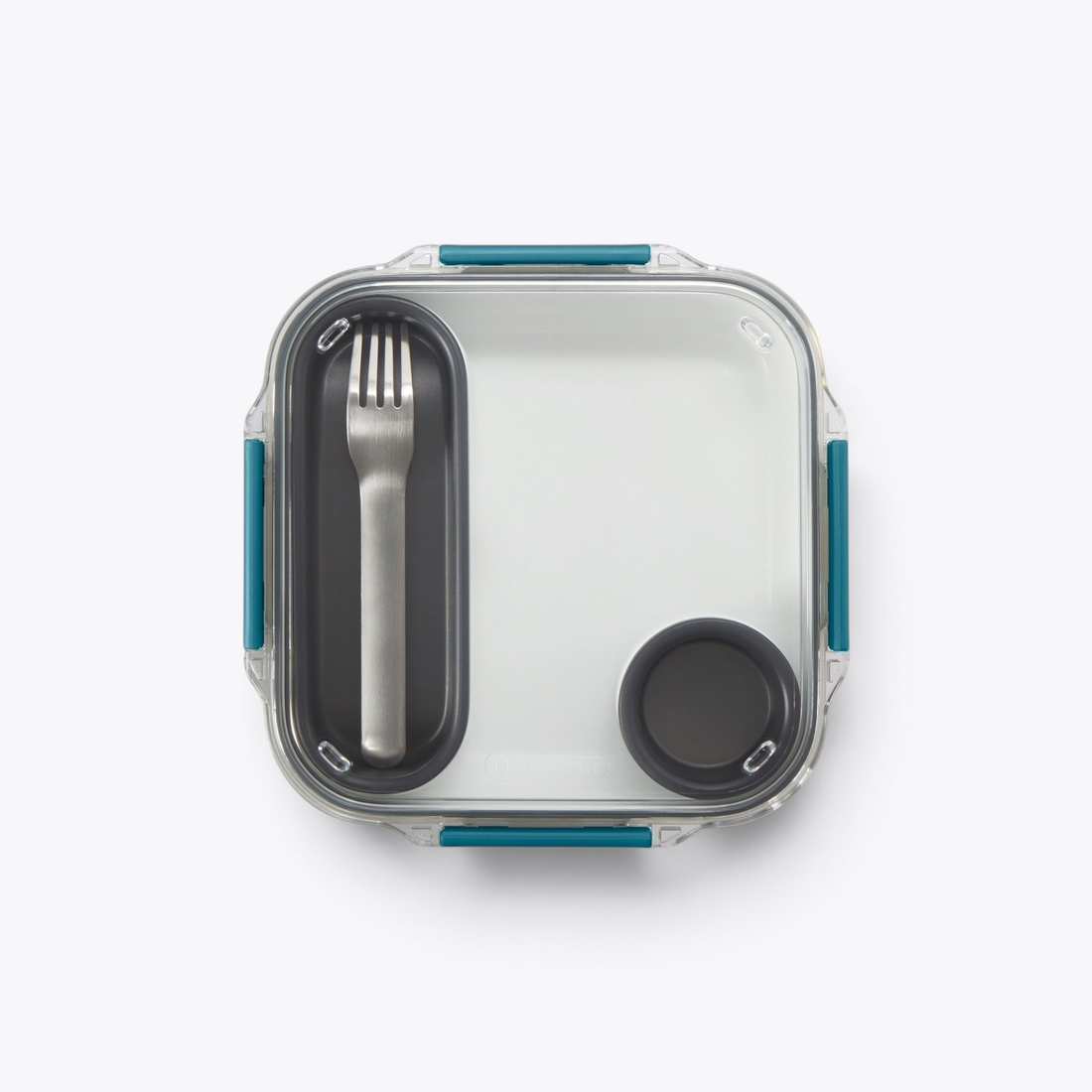 Lunchbox Black+Blum blanche à attaches bleues, vue de dessus