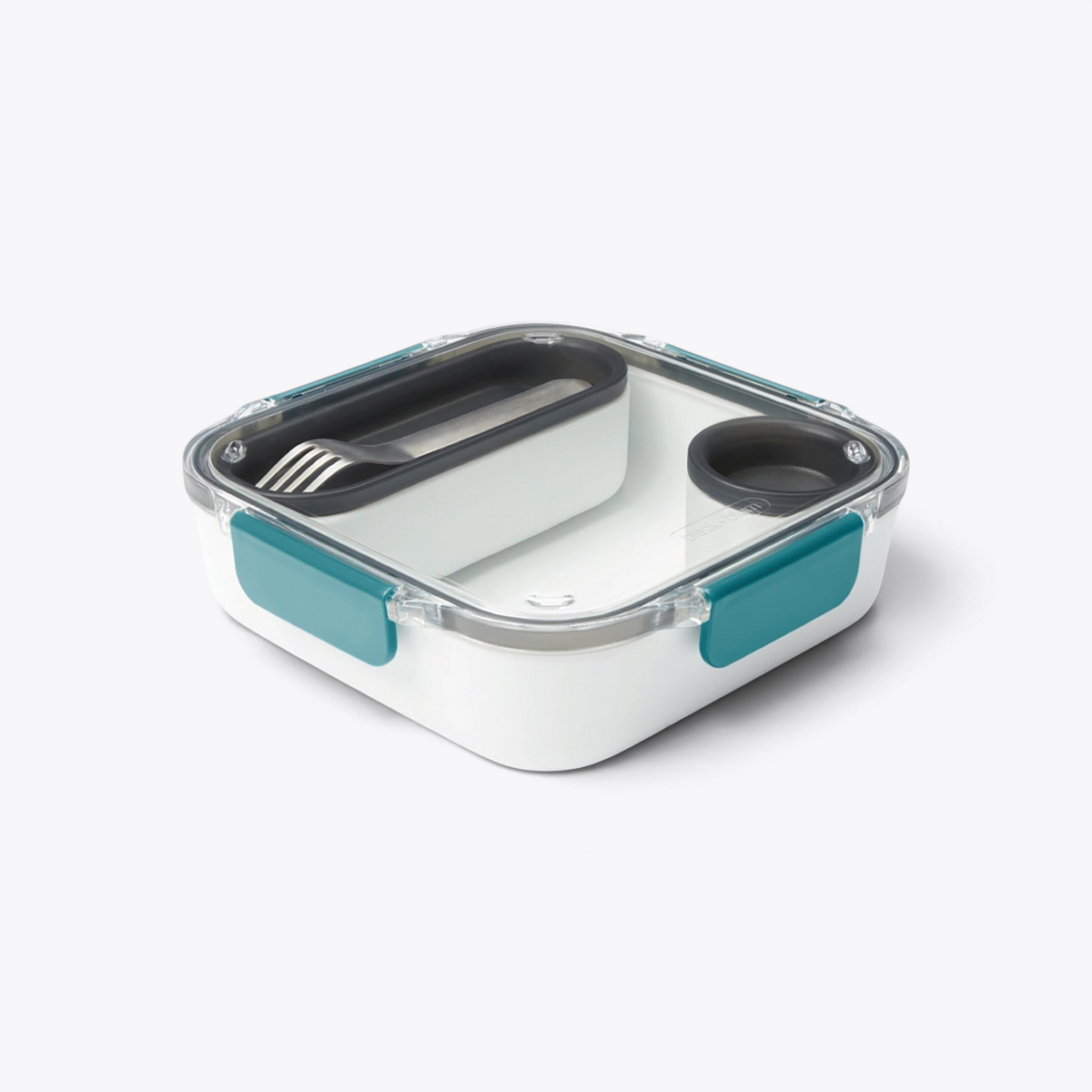 Lunchbox Black+Blum blanche à attaches bleues, vue trois quarts