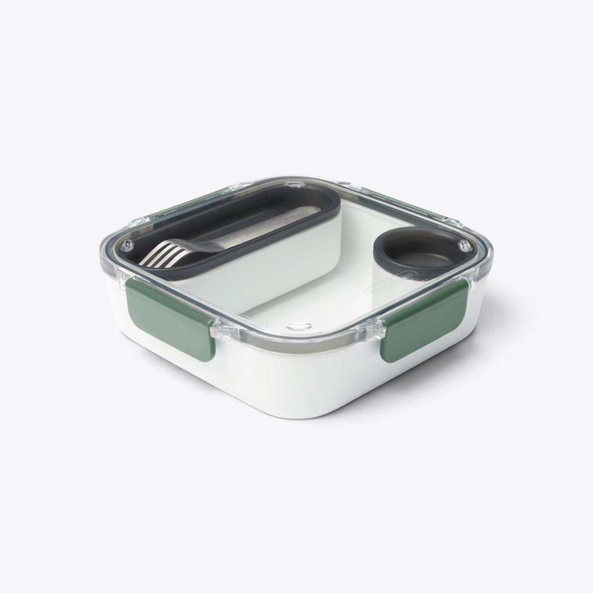 Lunchbox Black+Blum blanche à attaches vertes, vue trois quarts