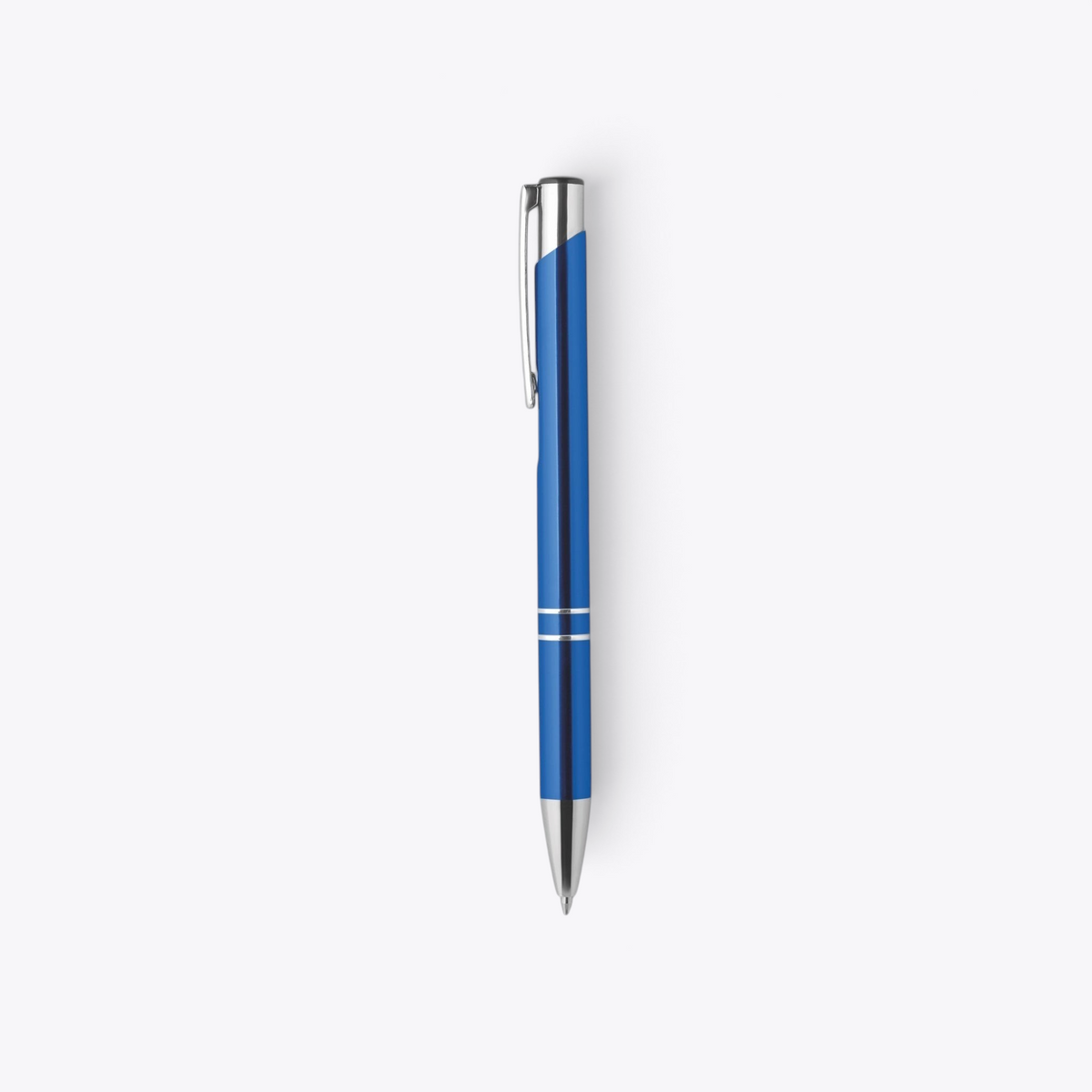 Stylo bille en aluminium recyclé bleu avec clip à gauche, vue de face