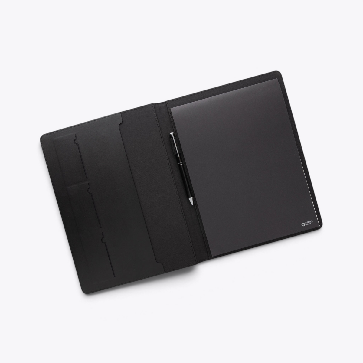 Intérieur du conférencier A4 Swiss Peak noir avec bloc-notes et stylo