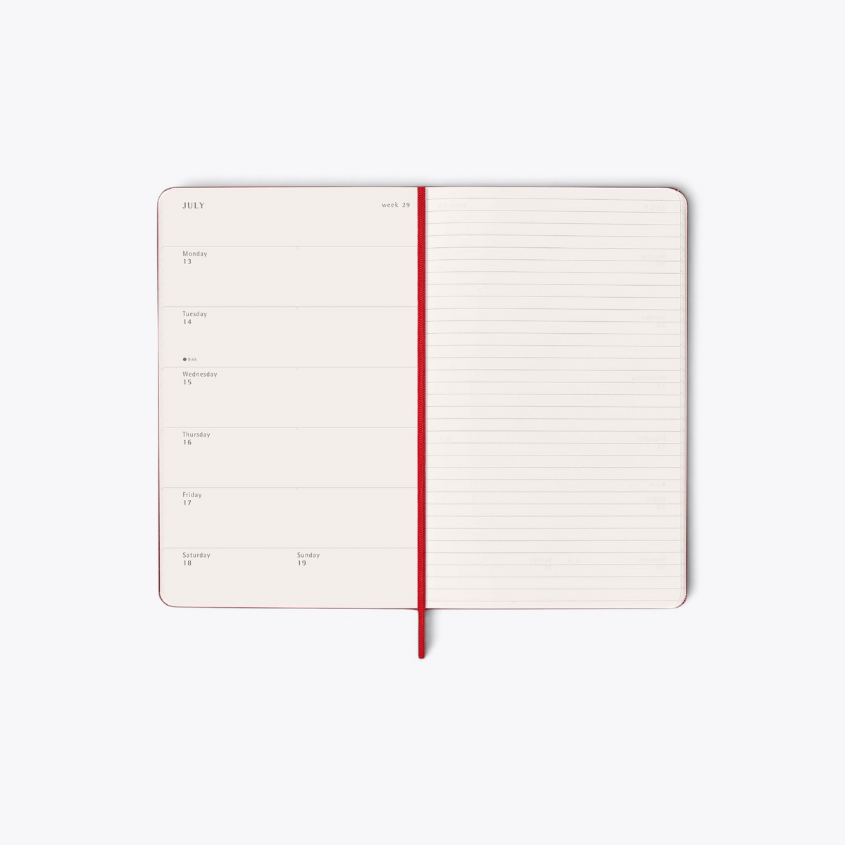 Agenda Moleskine rouge ouvert sur une semaine avec page de notes