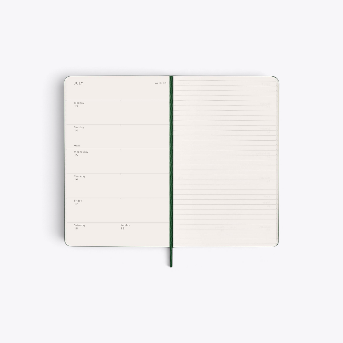 Agenda Moleskine vert ouvert sur une semaine avec page de notes