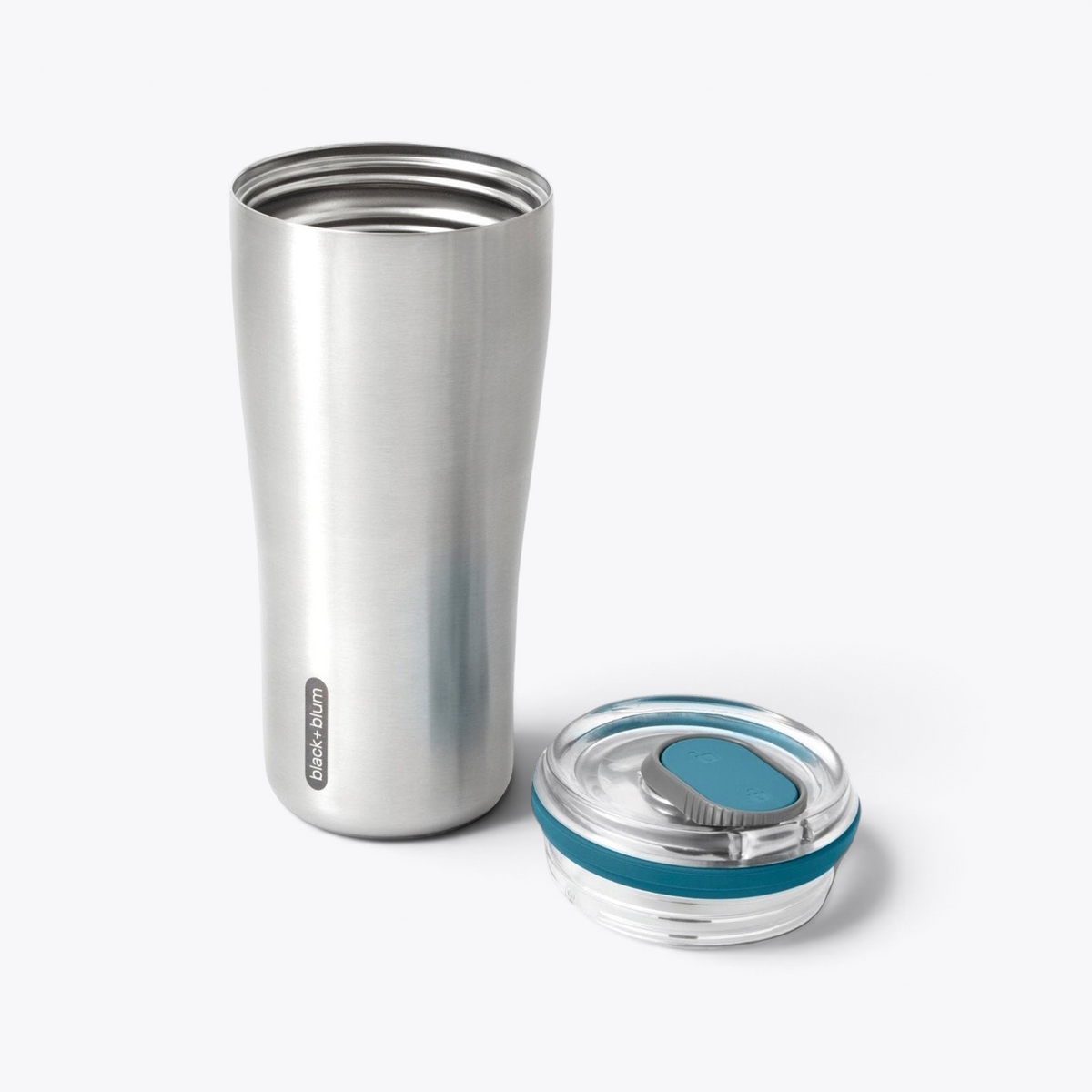 Mug Black+Blum argenté ouvert avec couvercle bleu canard séparé