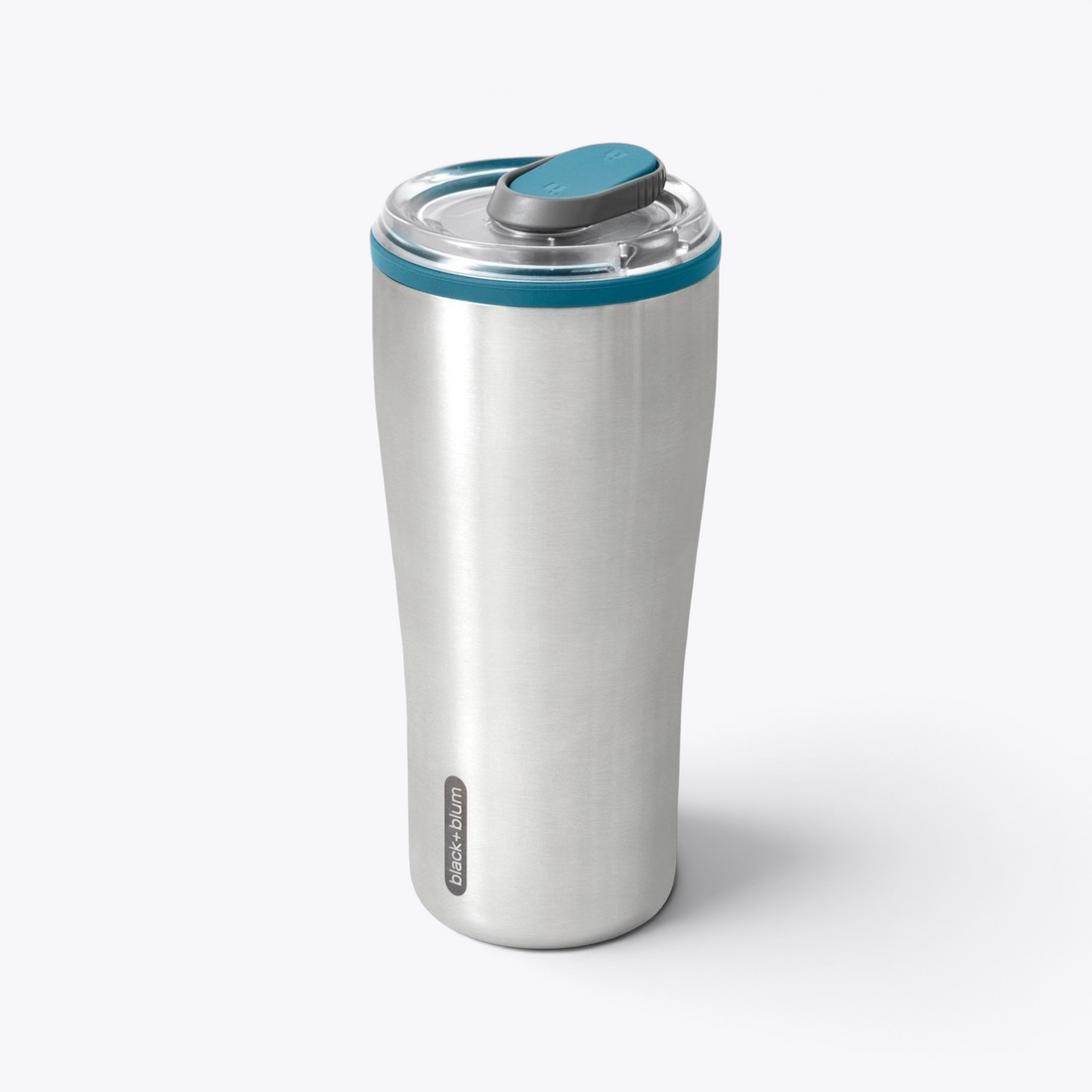 Mug Black+Blum argenté avec couvercle bleu canard, vue de face