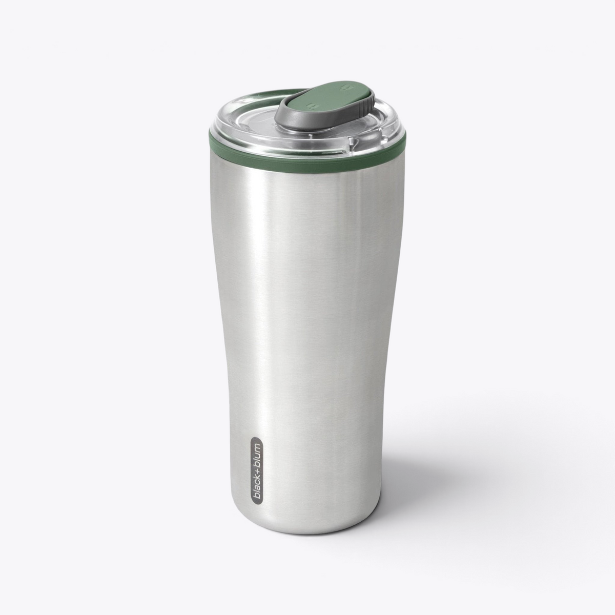 Mug Black+Blum argenté avec couvercle vert, vue de face