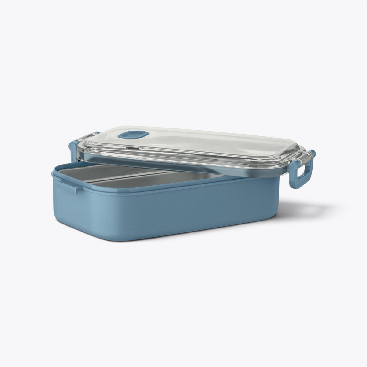 Lunchbox bleue ouverte avec compartiment en acier visible
