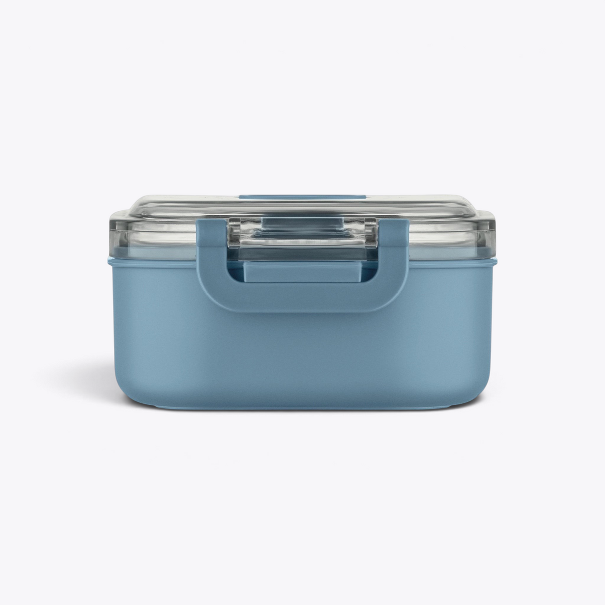 Lunchbox bleue fermée avec loquet visible, vue de face