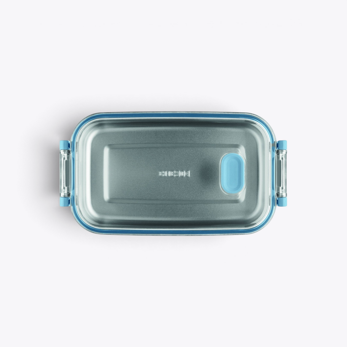 Lunchbox bleu clair fermée avec valve sur le couvercle, vue de dessus