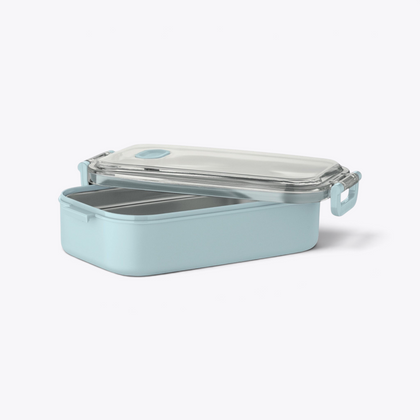 Lunchbox bleu clair ouverte avec compartiment en acier visible