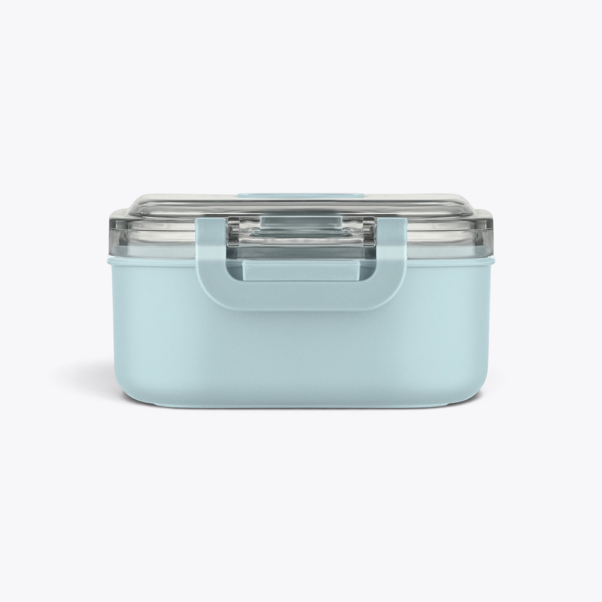 Lunchbox bleu clair fermée avec loquet visible, vue de face