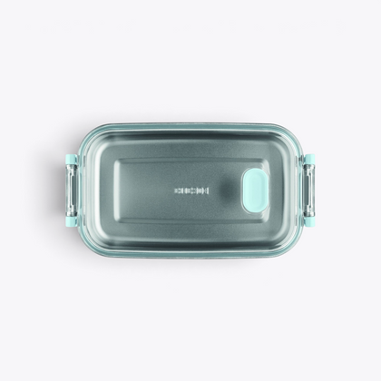 Lunchbox bleu clair avec couvercle transparent, vue de dessus centrée