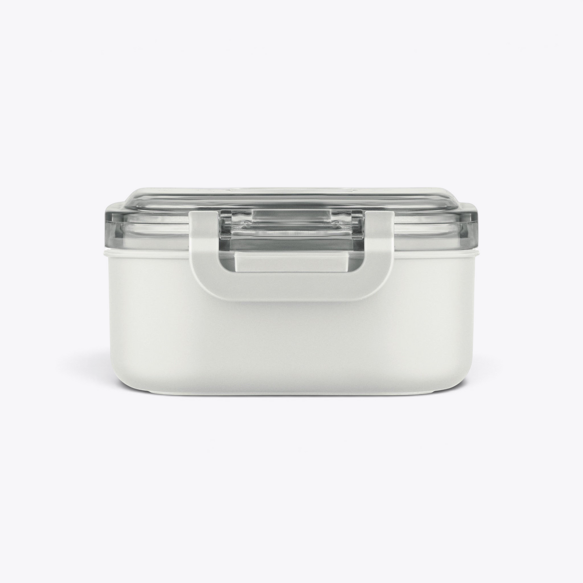 Lunchbox blanche fermée avec loquet visible, vue de face
