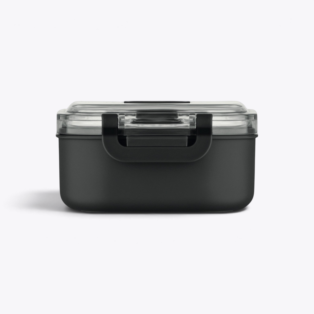 Lunchbox noire fermée avec loquet visible, vue de face