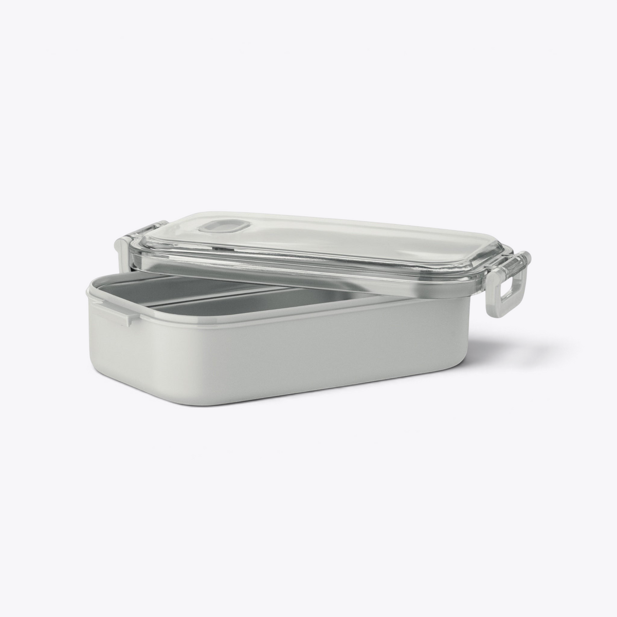 Lunchbox grise ouverte avec compartiment en acier visible