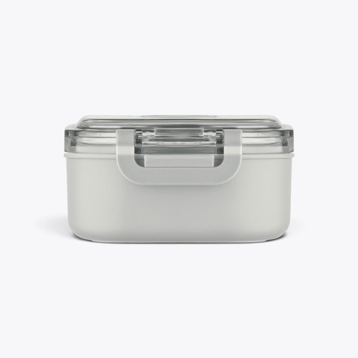 Lunchbox grise fermée avec loquet visible, vue de face