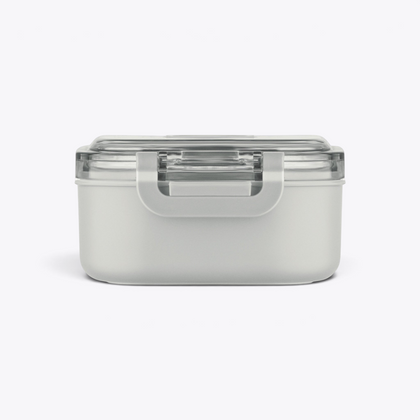 Lunchbox grise fermée avec loquet visible, vue de face