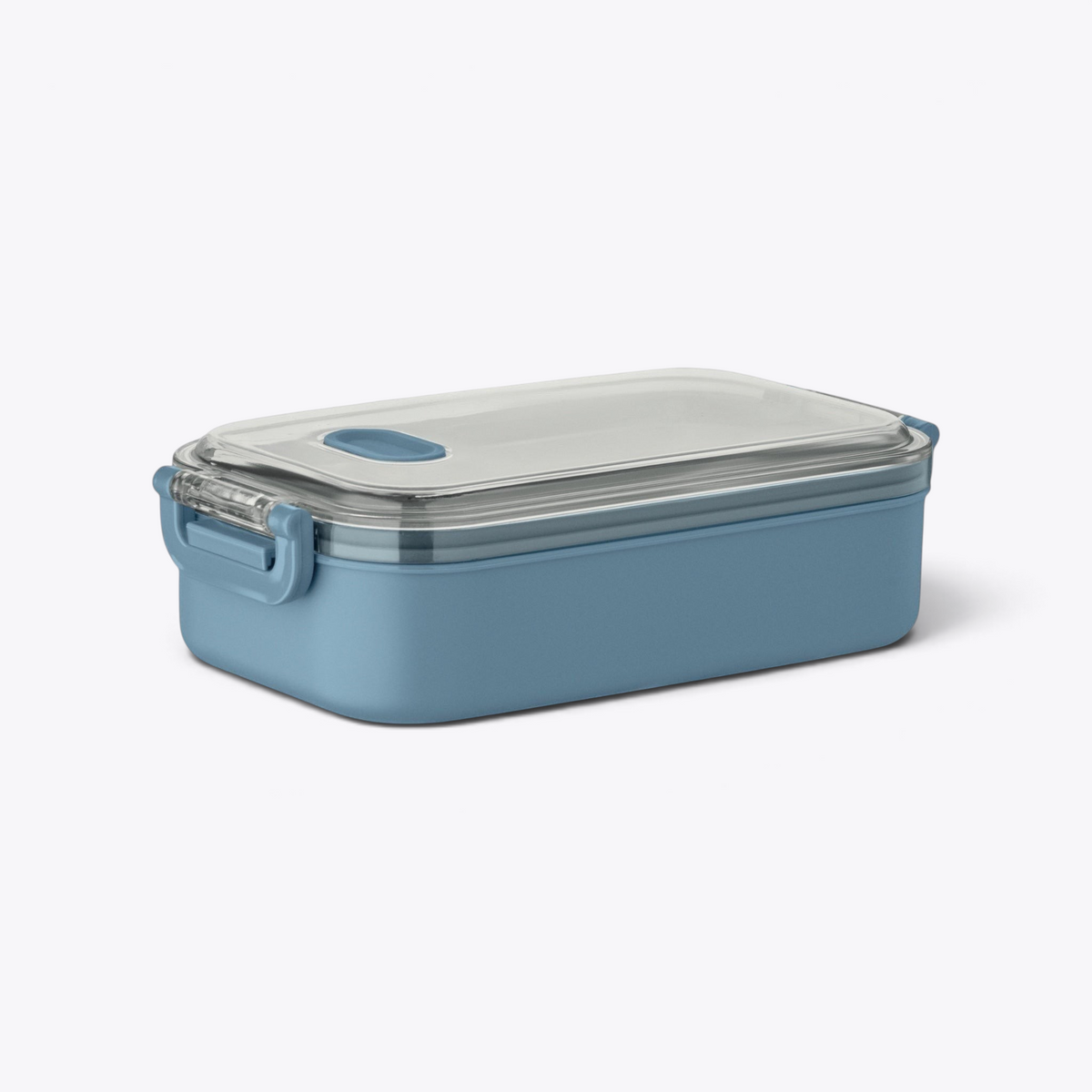 Lunchbox bleue fermée avec couvercle transparent, vue trois quarts