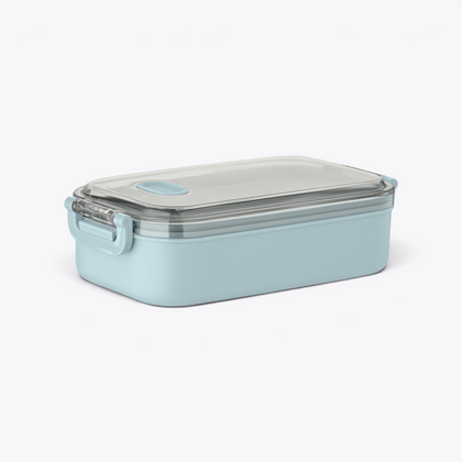 Lunchbox bleu clair fermée avec couvercle transparent, vue trois quarts