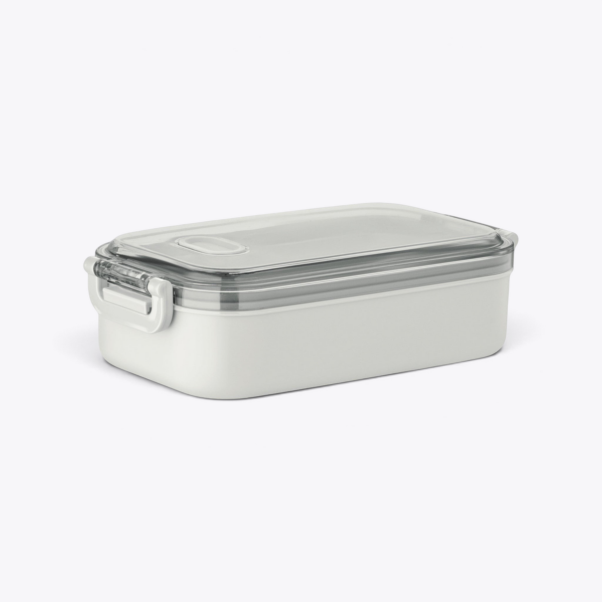 Lunchbox blanche fermée avec couvercle transparent, vue trois quarts