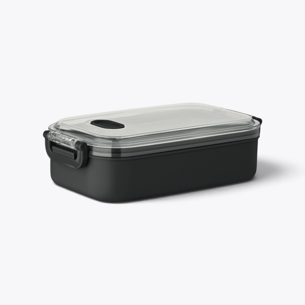 Lunchbox noire fermée avec couvercle transparent, vue trois quarts