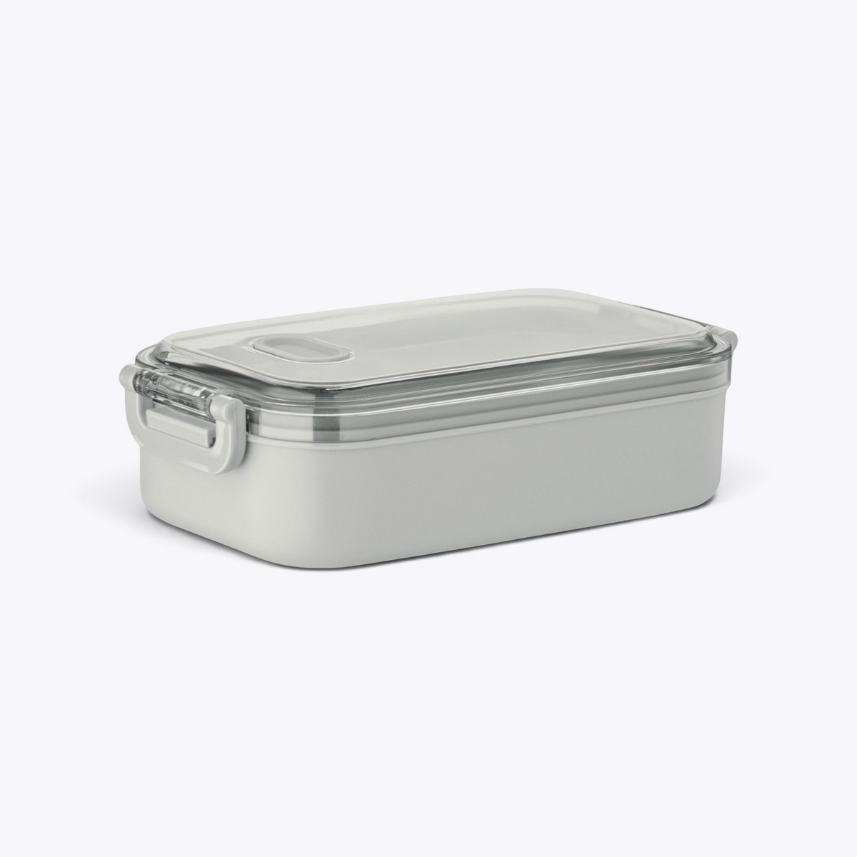 Lunchbox grise fermée avec couvercle transparent, vue trois quarts
