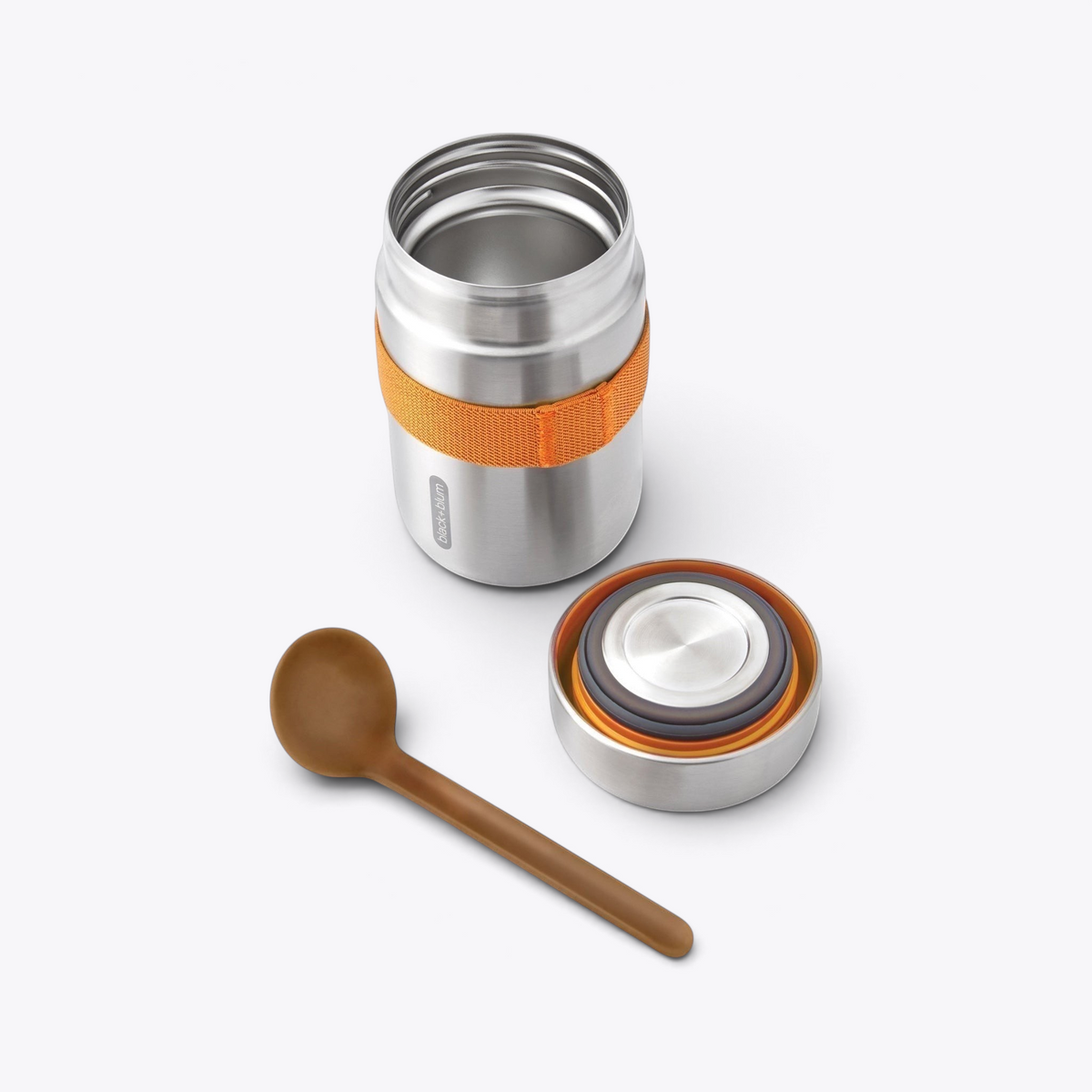 Lunchpot Black+Blum ouvert avec couvercle, sangle orange et cuillère séparés