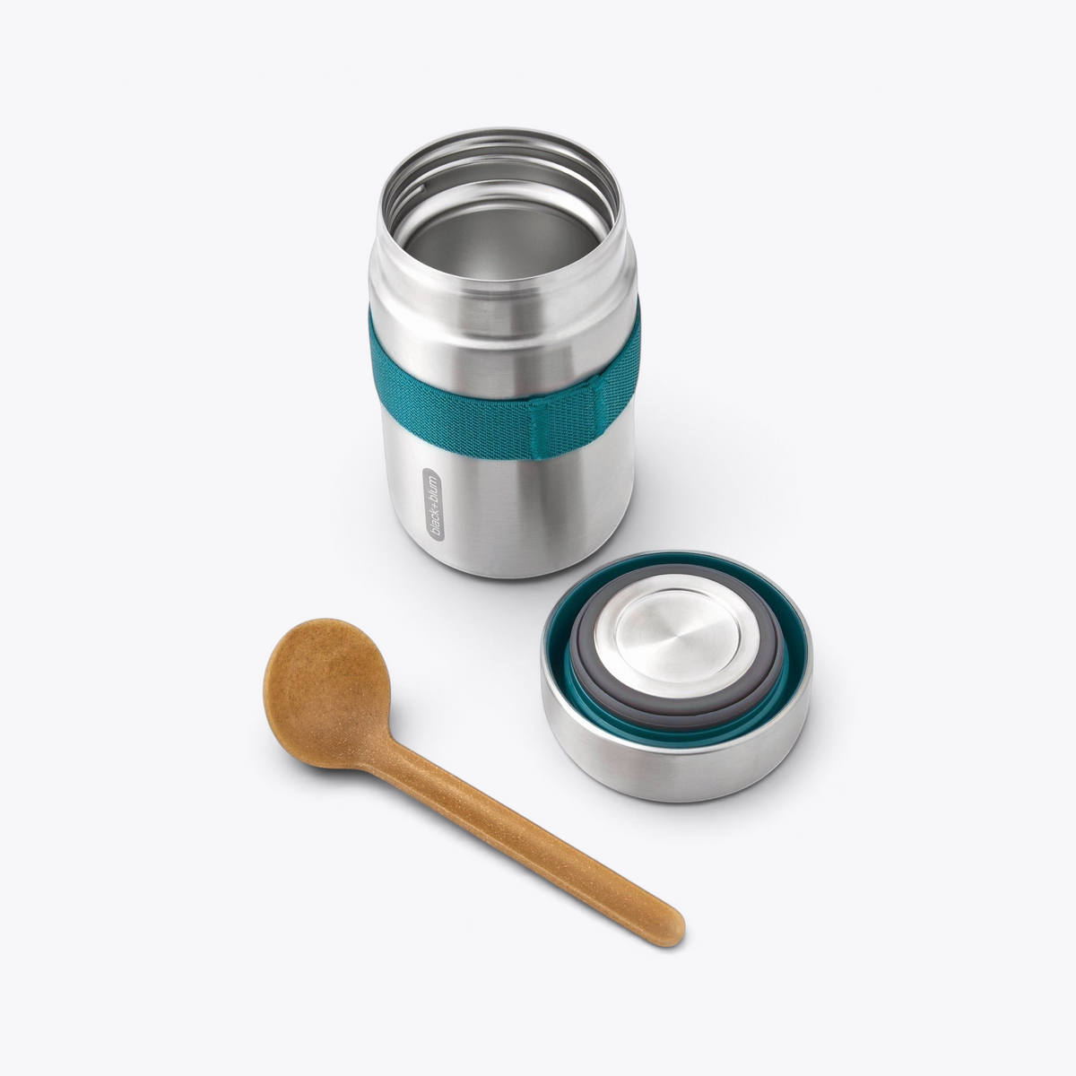 Lunchpot Black+Blum ouvert avec couvercle, sangle bleu canard et cuillère séparés