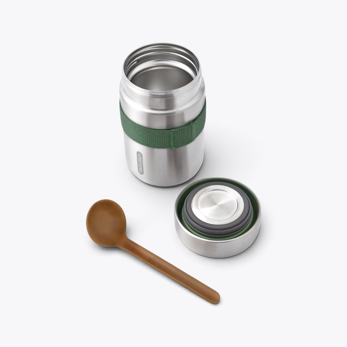 Lunchpot Black+Blum ouvert avec couvercle, sangle verte et cuillère séparés