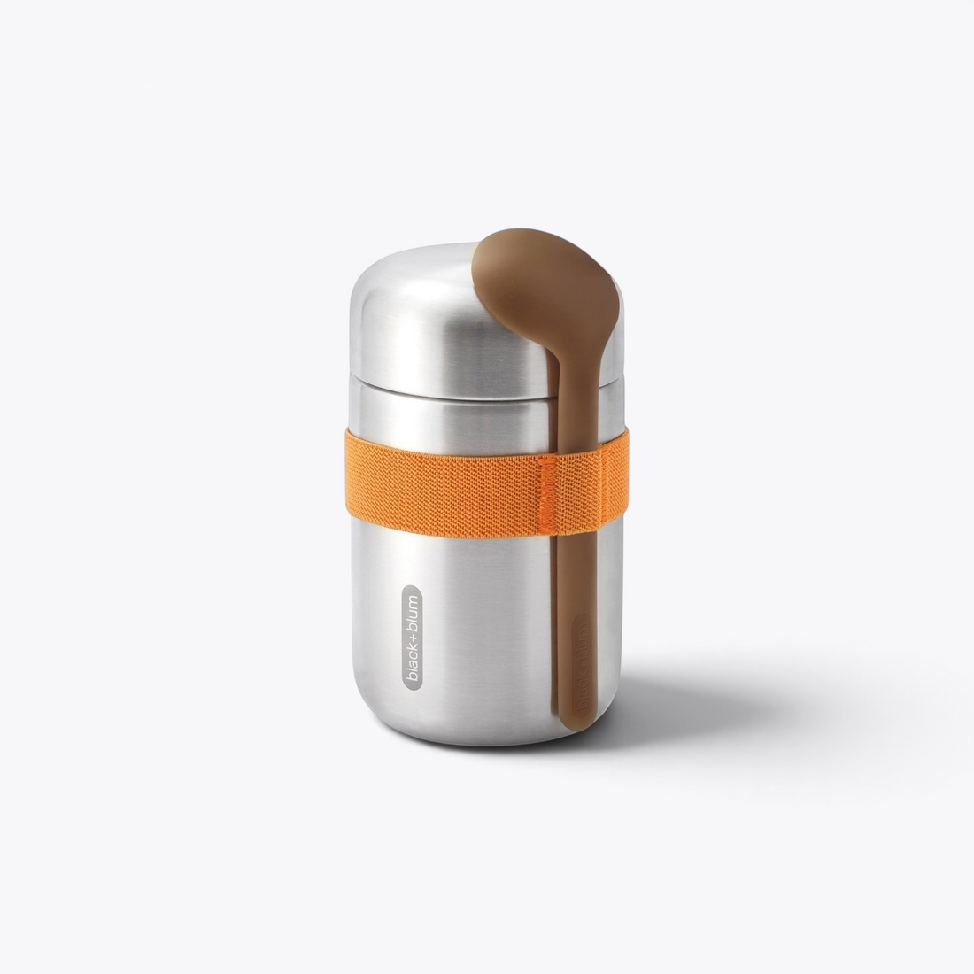 Lunchpot Black+Blum argenté avec sangle orange et cuillère, vue de face