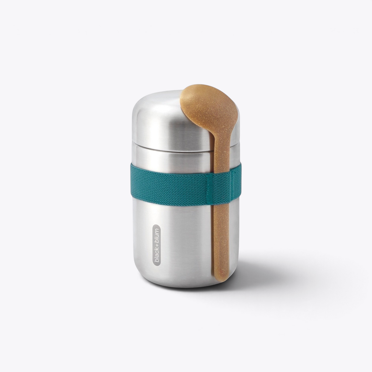 Lunchpot Black+Blum argenté avec sangle bleu canard et cuillère, vue de face