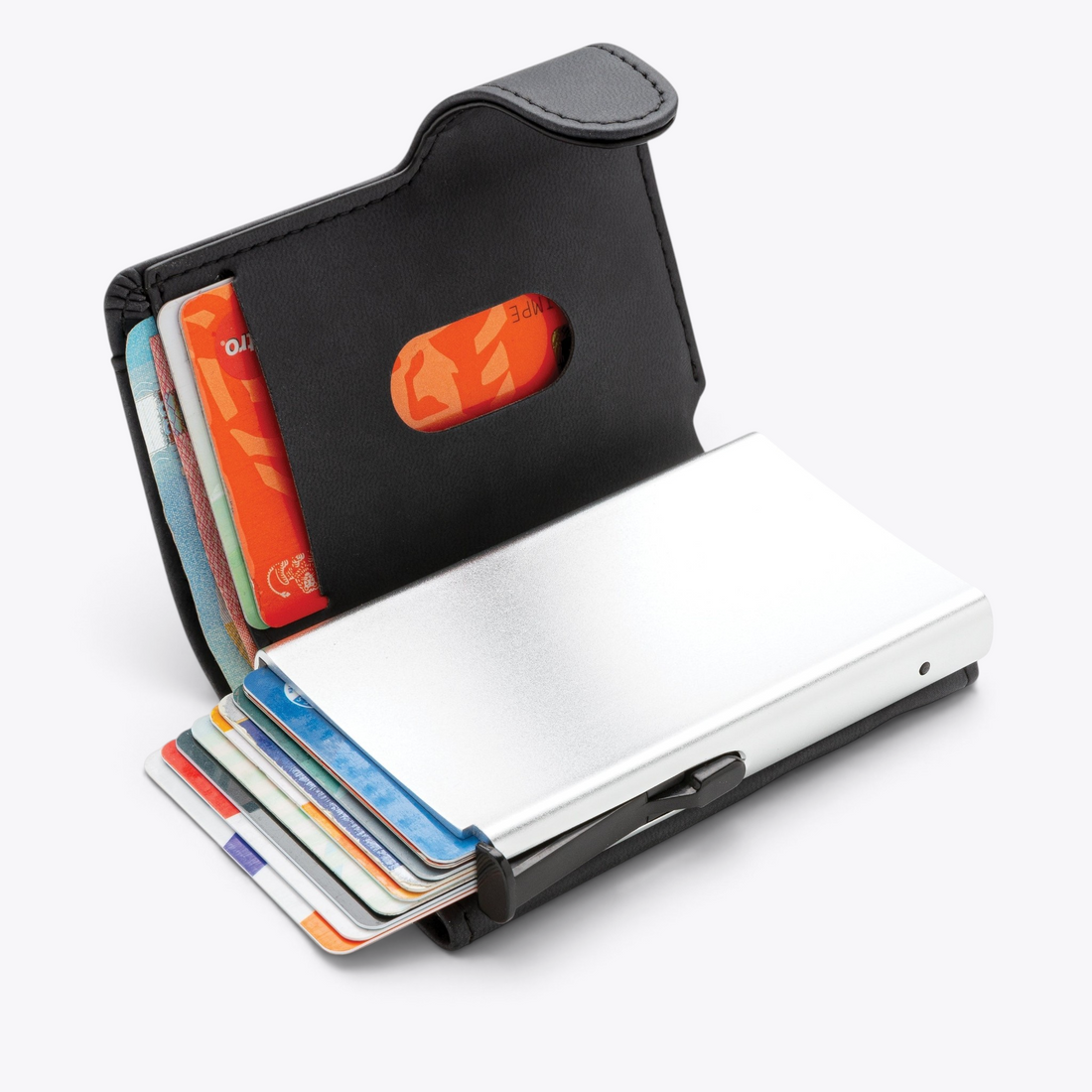 Porte-cartes anti-RFID noir ouvert avec cartes et mécanisme, vue trois quarts