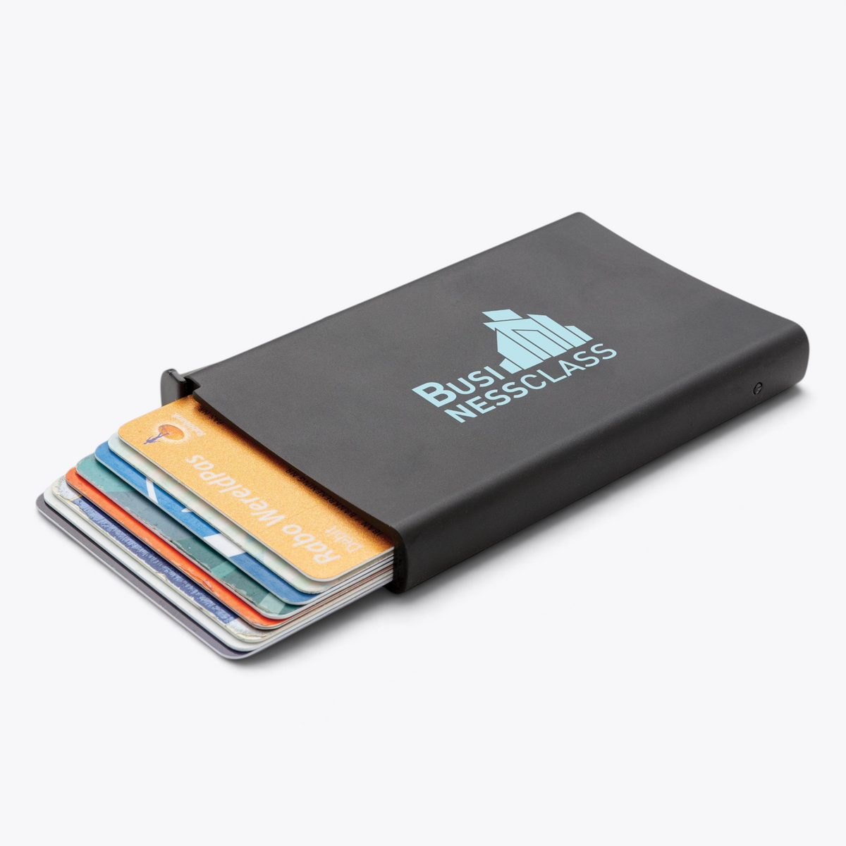 Porte-cartes noir avec cartes déployées et marquage bleu clair