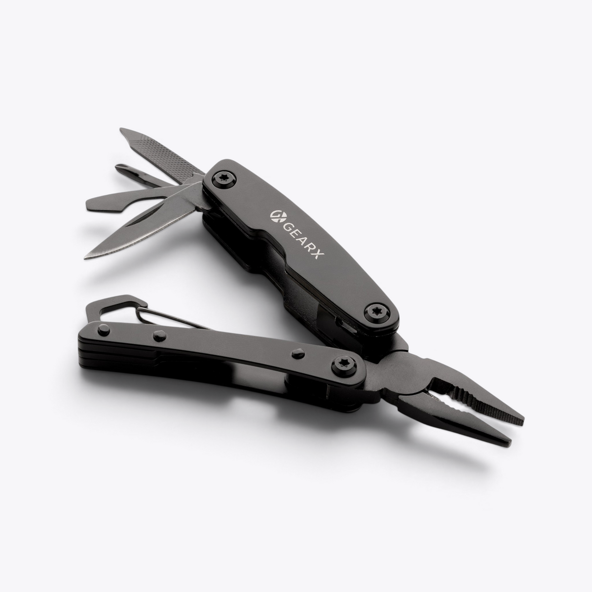 Mini outil multifonction Gear X noir ouvert, outils déployés, vue trois quarts
