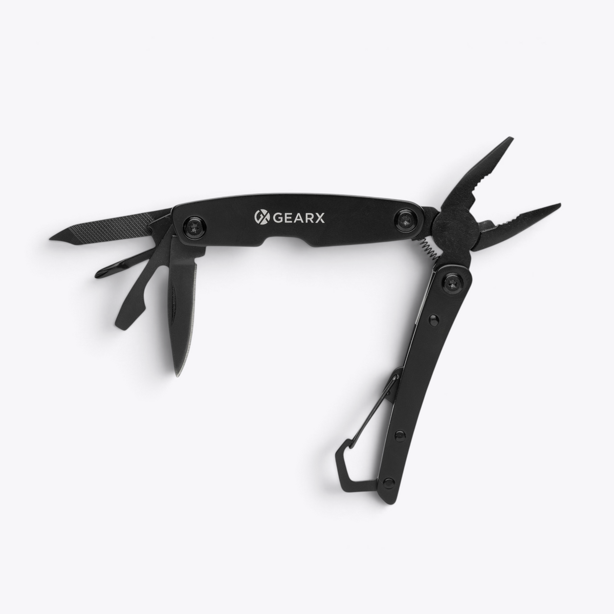 Mini outil multifonction Gear X noir ouvert, outils déployés, vue de dessus