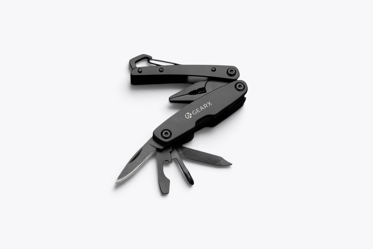 Mini outil multifonction Gear X noir partiellement ouvert, vue de dessus
