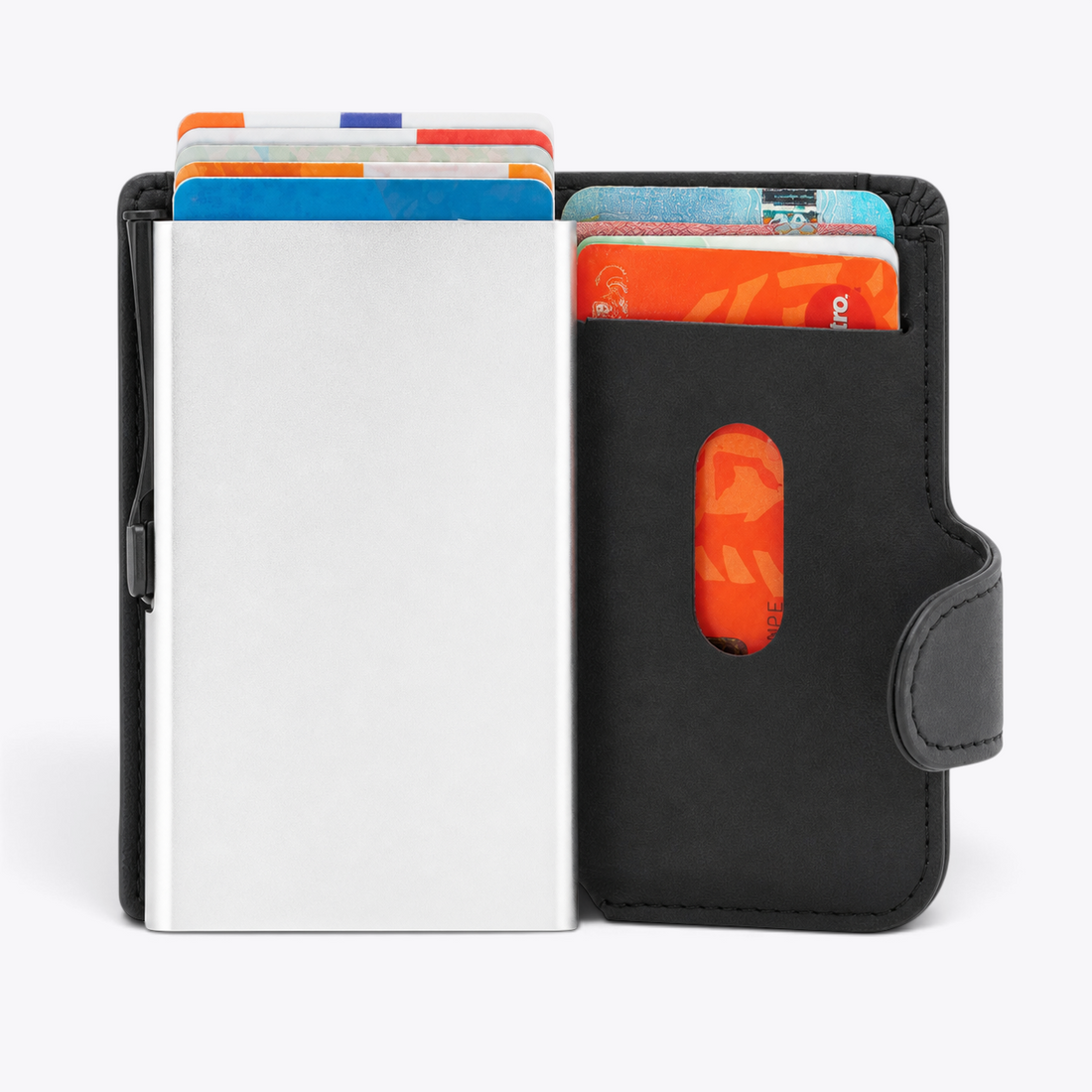 Porte-cartes anti-RFID noir ouvert, coque aluminium et rangements intérieurs