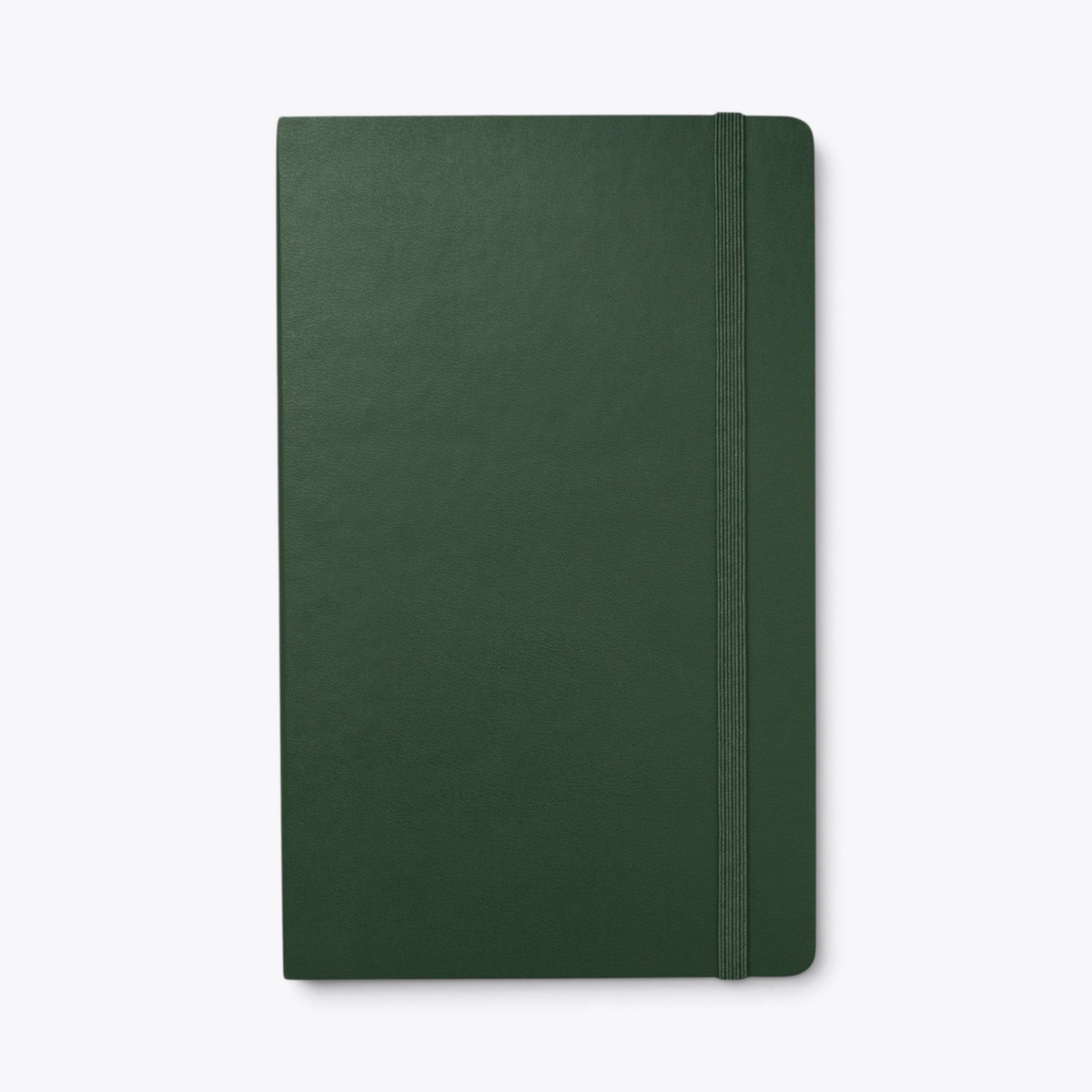 Carnet Moleskine vert fermé avec bande élastique, vue de face