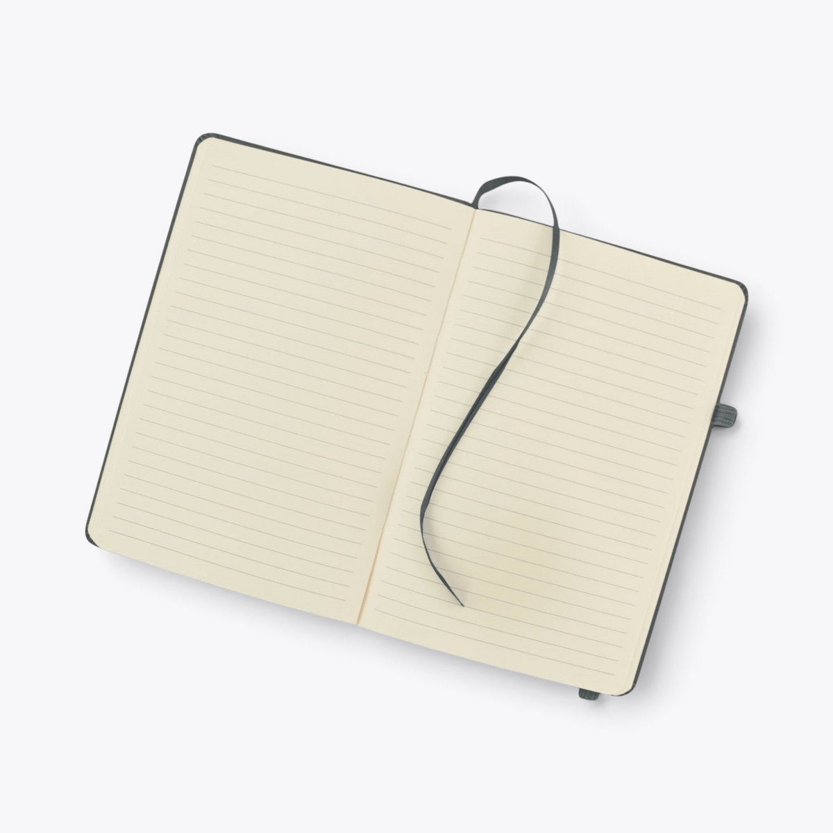 Carnet de notes gris avec porte-stylo ouvert sur ses pages lignées