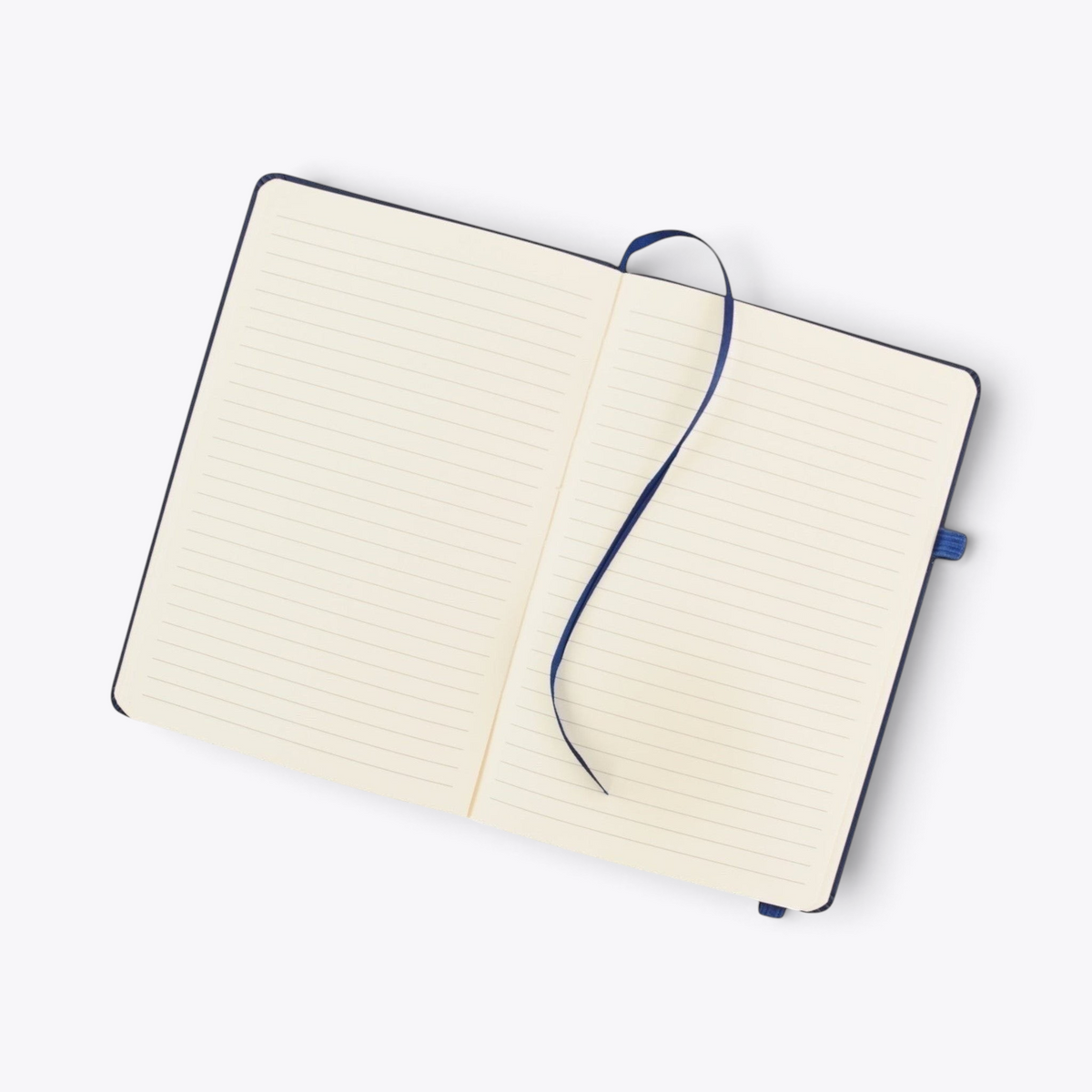 Carnet de notes bleu avec porte-stylo ouvert sur ses pages lignées