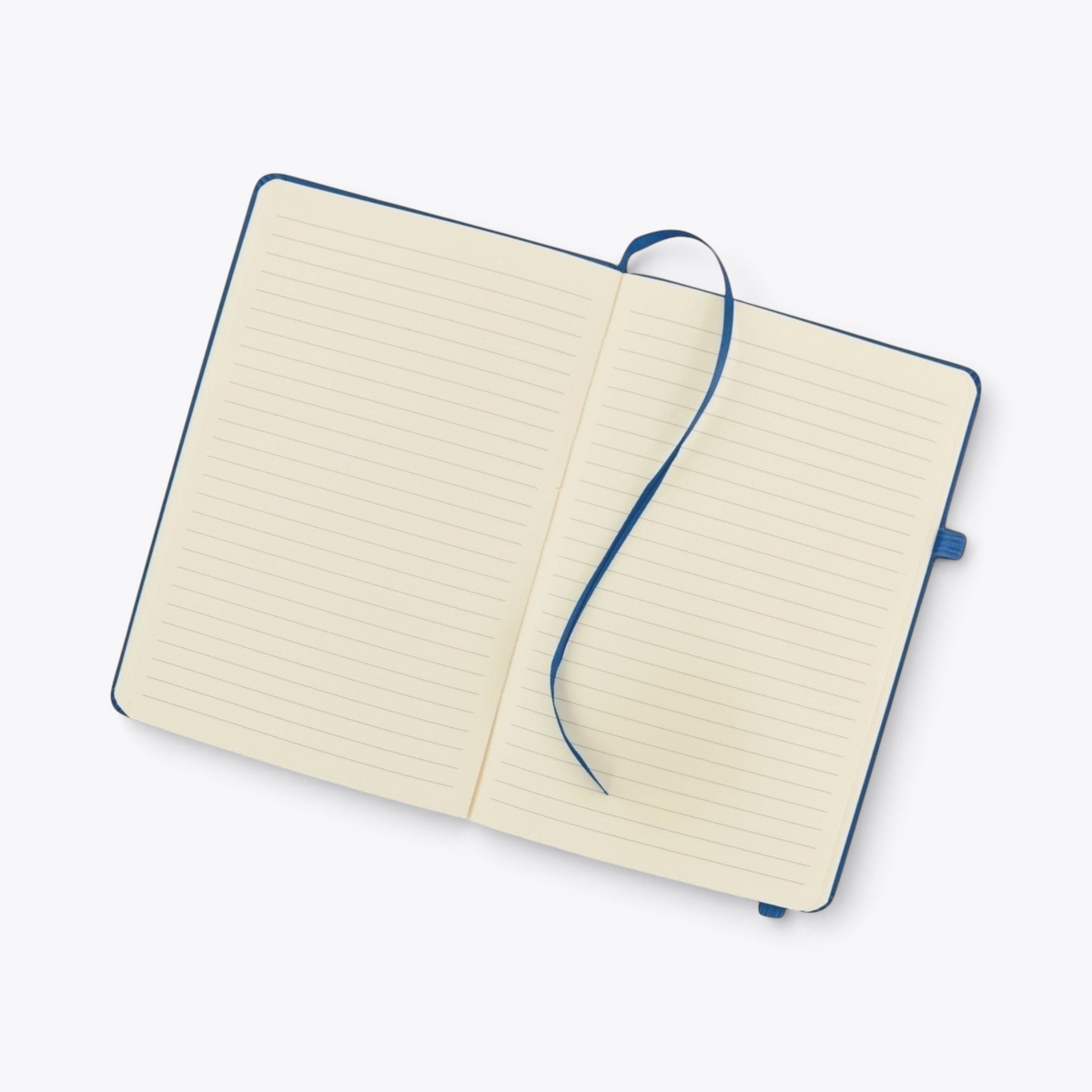 Carnet de notes bleu roi avec porte-stylo ouvert sur ses pages lignées