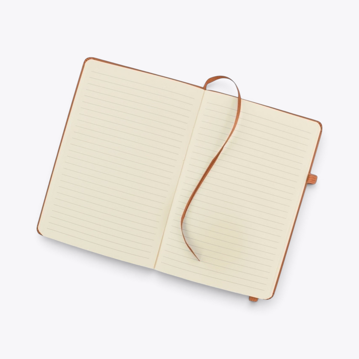Carnet de notes orange avec porte-stylo ouvert sur ses pages lignées