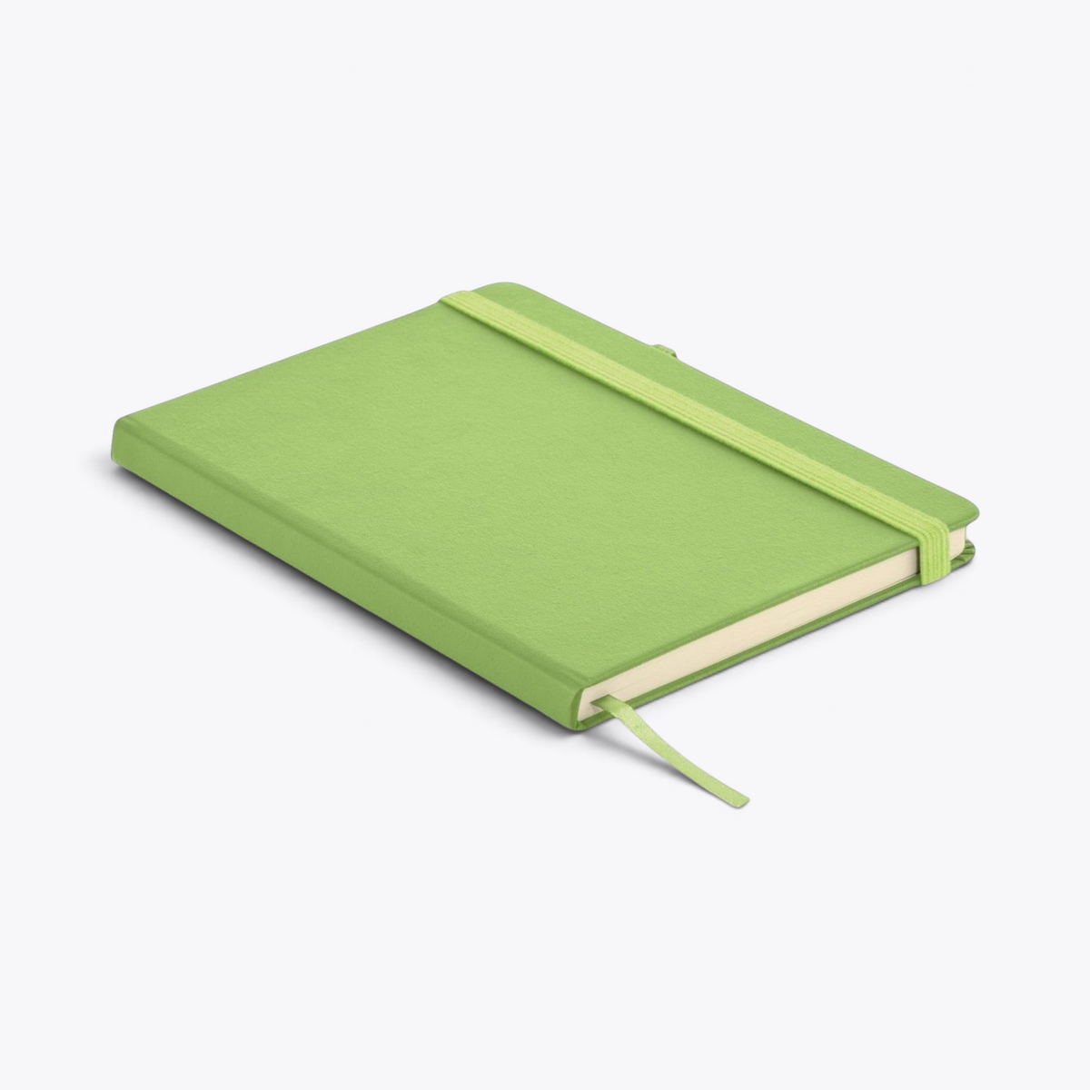 Carnet de notes vert avec porte-stylo fermé, vue de trois quarts