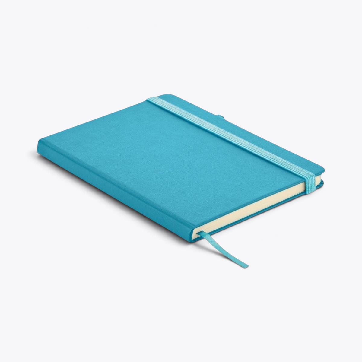 Carnet de notes turquoise avec porte-stylo fermé, vue de trois quarts